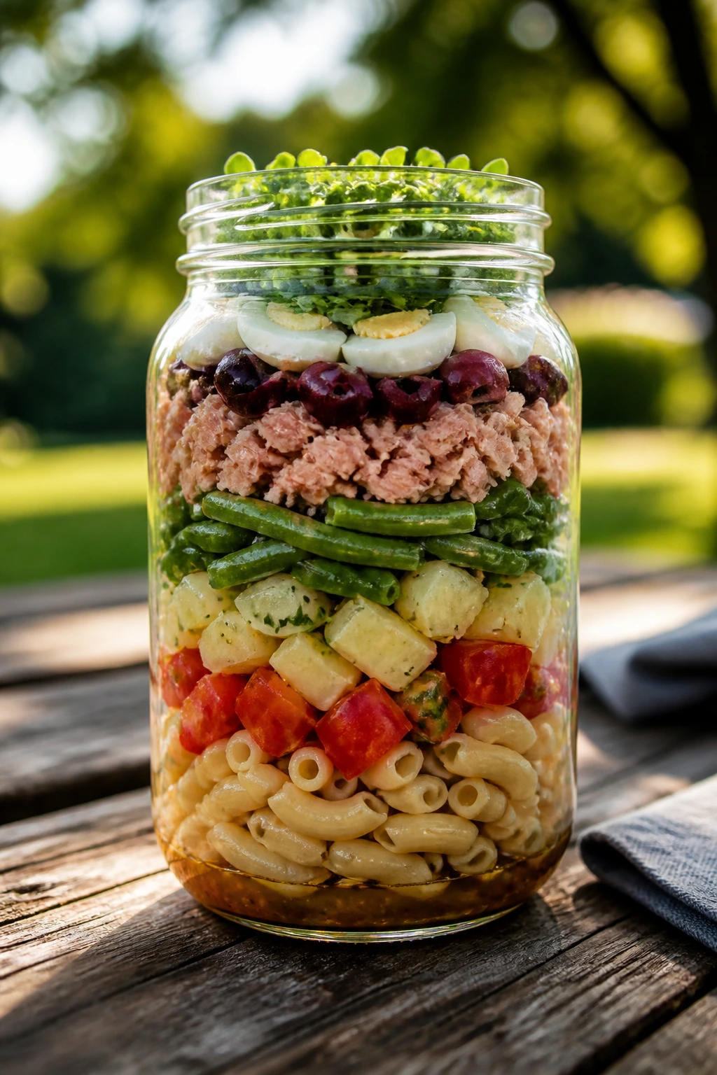Glass jar layered Niçoise salad ready for picnic