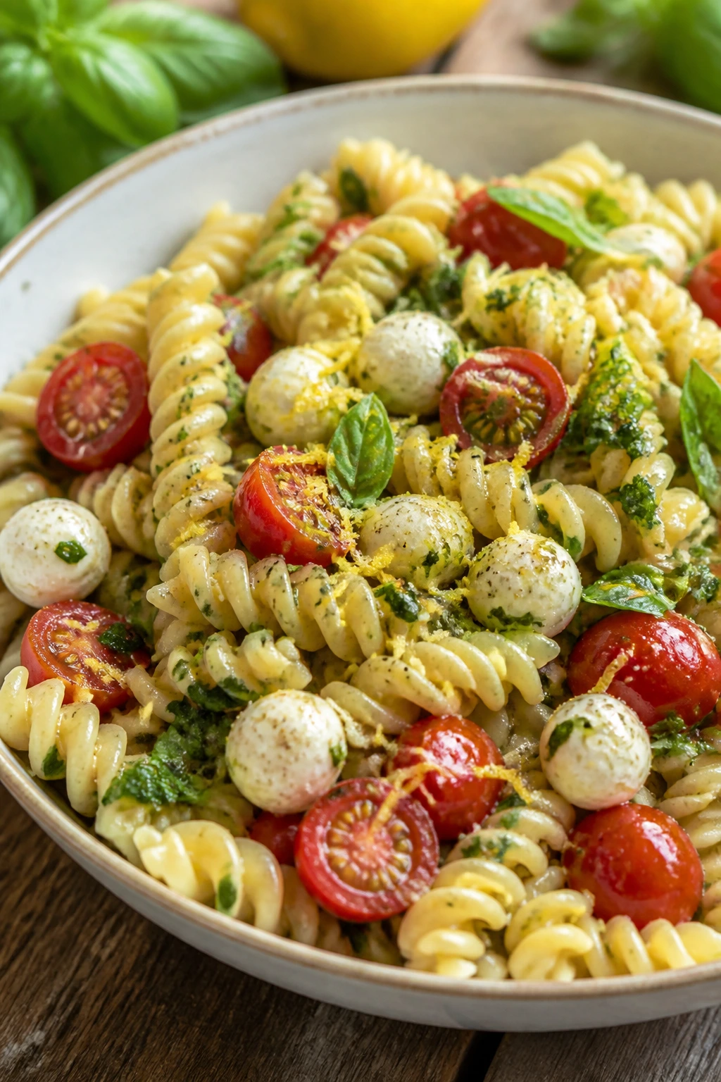 Lemon basil pasta salad in a bowl on a wooden table