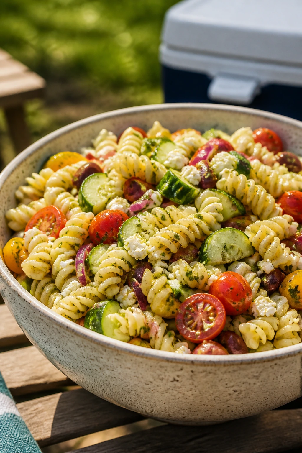 Pasta salad with rotini, cucumber, tomatoes and feta in a bowl