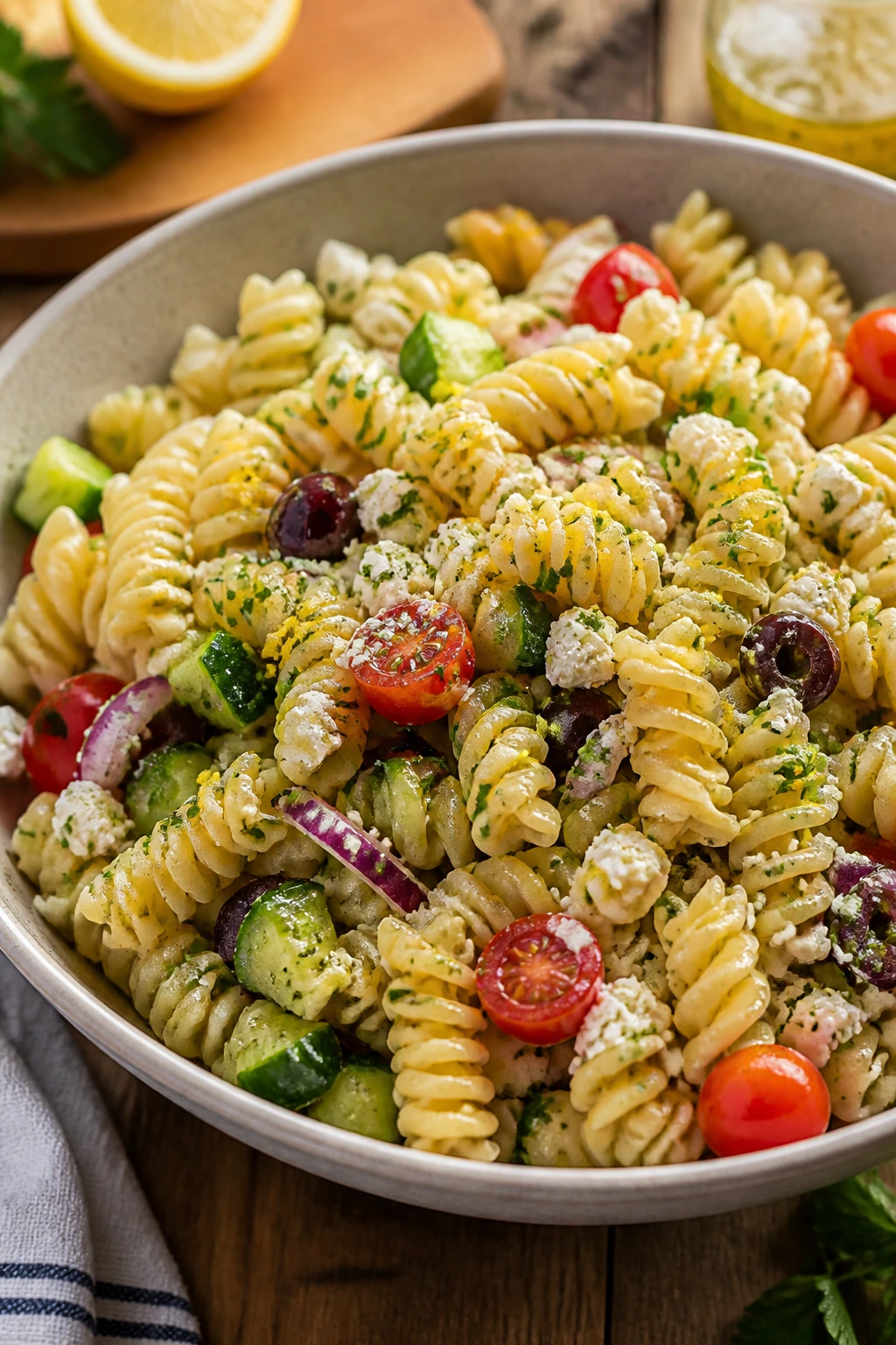 Bright lemon herb pasta salad with tomatoes, feta, olives in a bowl on a picnic table.