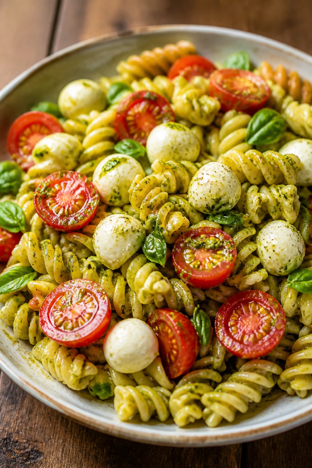 Close-up of Caprese Pasta Salad with Lemon Pesto on a rustic wooden table.