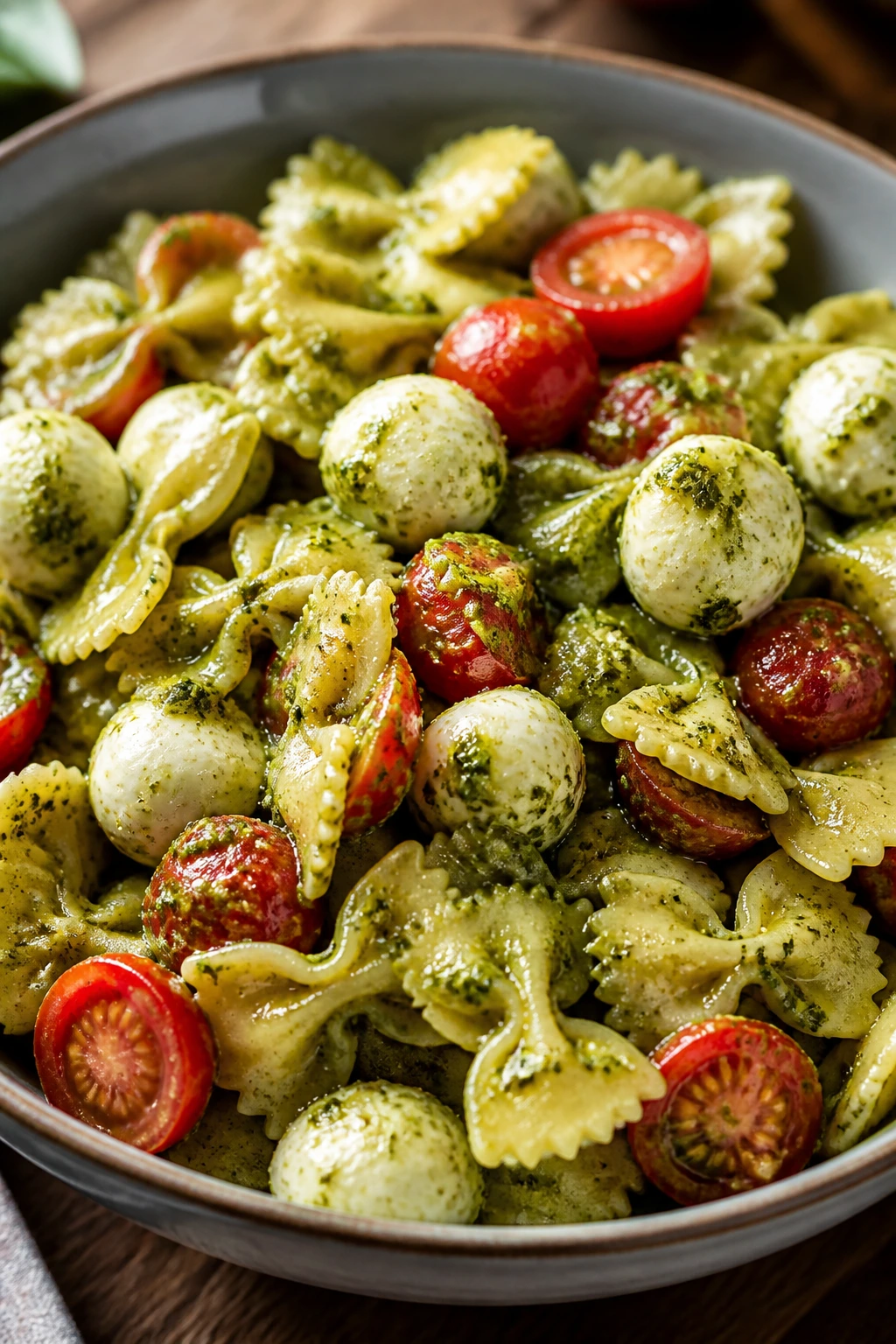 Close-up of mozzarella pesto pasta salad with farfalle, mozzarella pearls, and cherry tomatoes in a wooden bowl