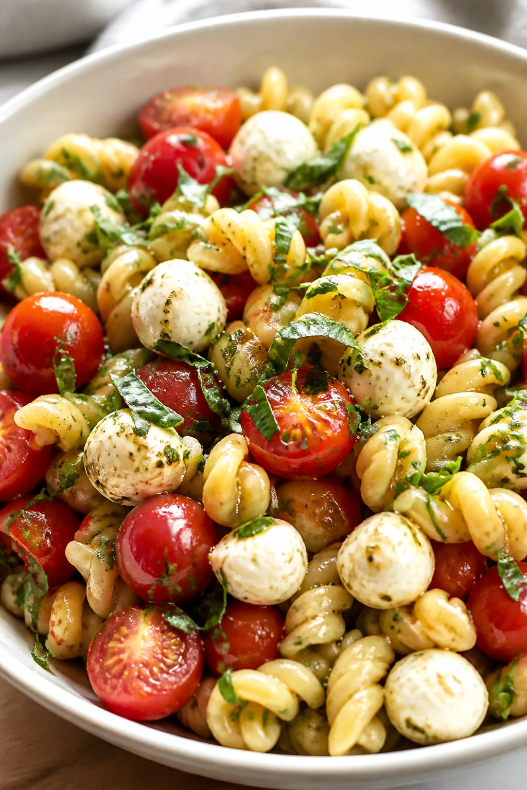 Pasta salad with mozzarella pearls and cherry tomatoes