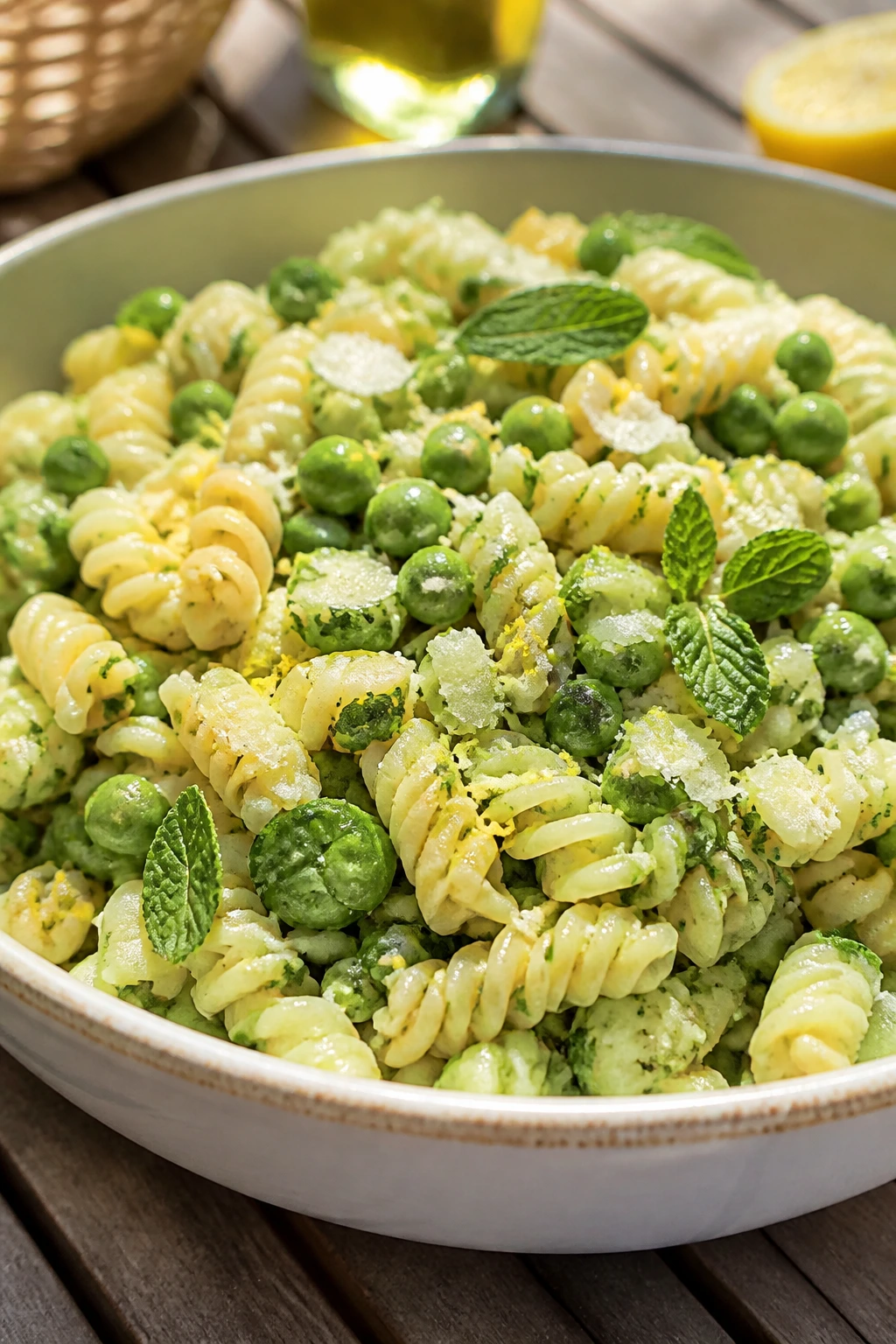 Pasta salad with peas and mint in a picnic bowl