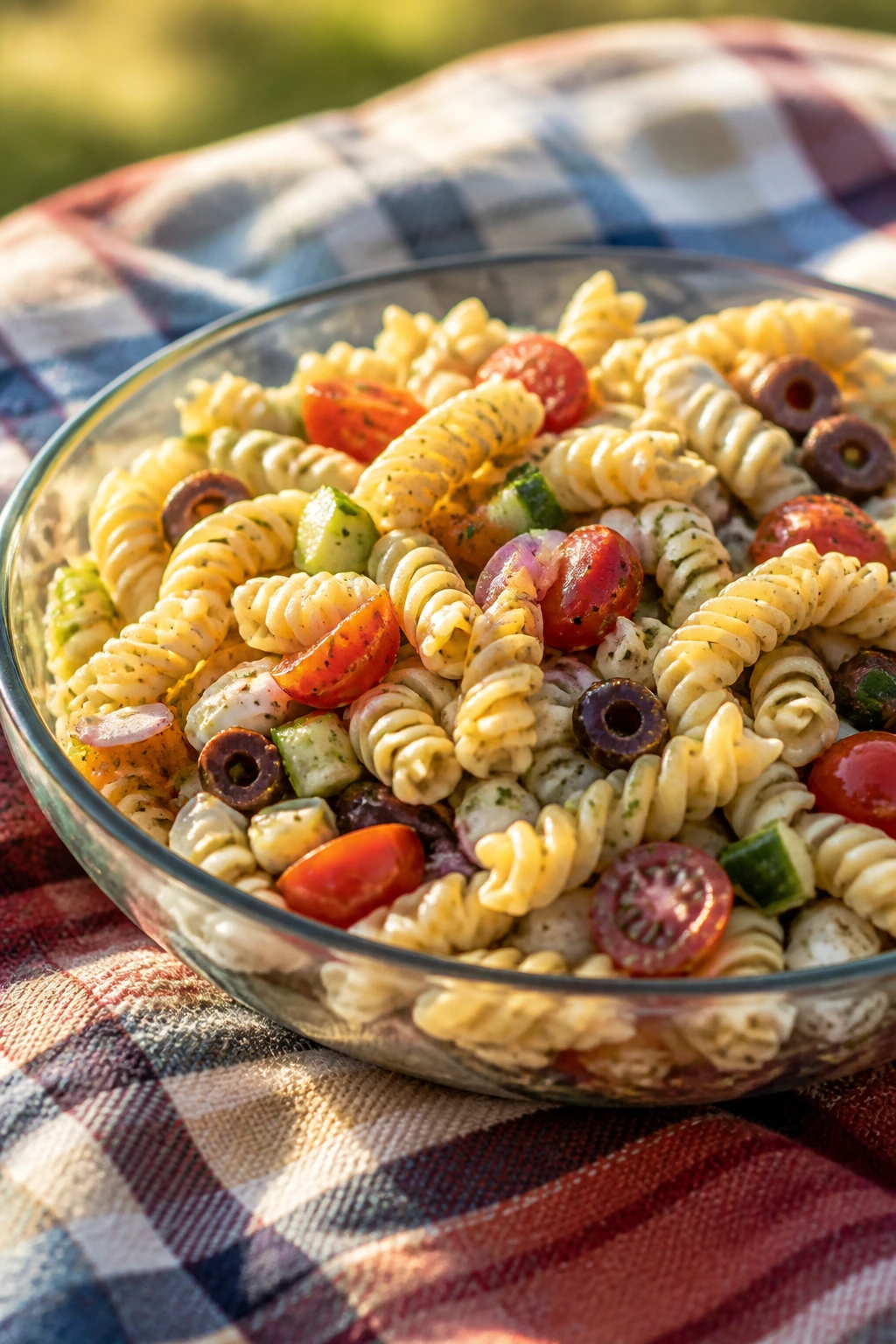 Pasta salad served in a shallow bowl on a picnic blanket