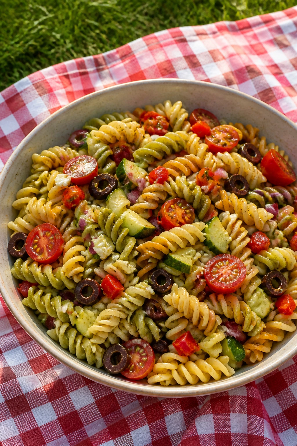 Pasta salad in a bowl on a picnic blanket outdoors