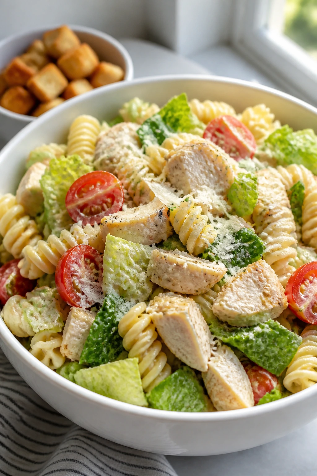 Bowl of chicken Caesar pasta salad with rotini, chicken, romaine, tomatoes, and croutons.