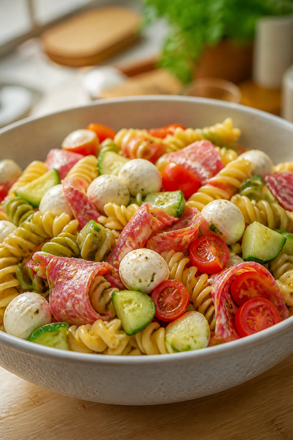 Bowl of pasta salad with salami and mozzarella in a sunny kitchen