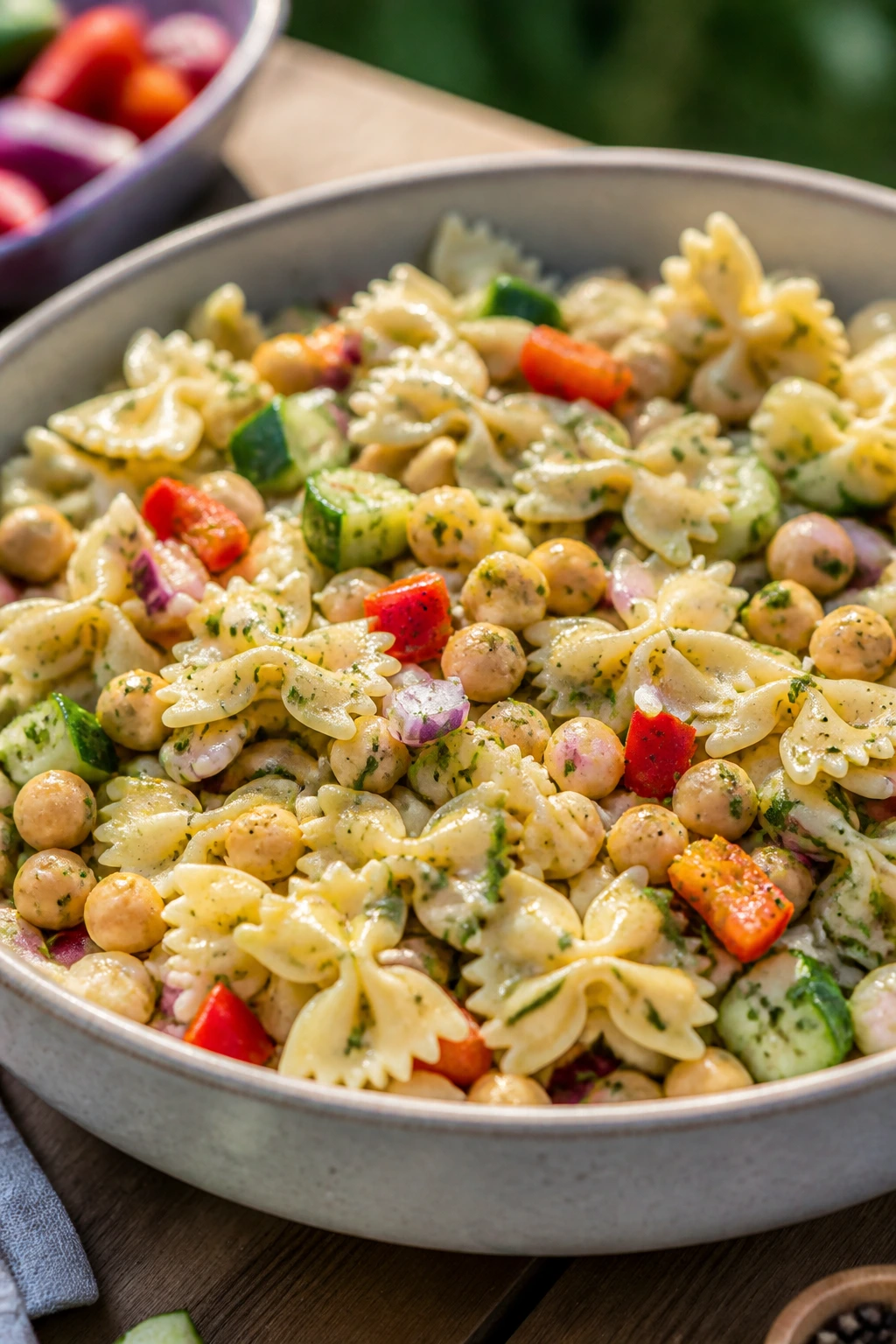 Close-up of a colorful cold pasta salad in a bowl
