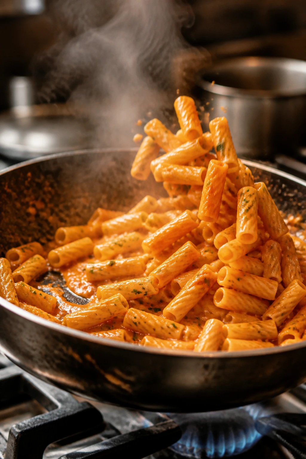 Close-up of pasta tossed in sauce, steam rising from a skillet