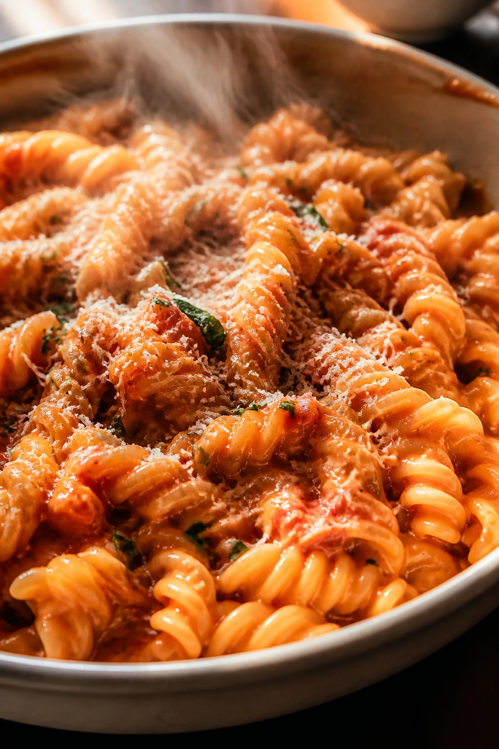 Close-up of saucy pasta dish highlighting reheatable lunchbox-friendly dinner concept