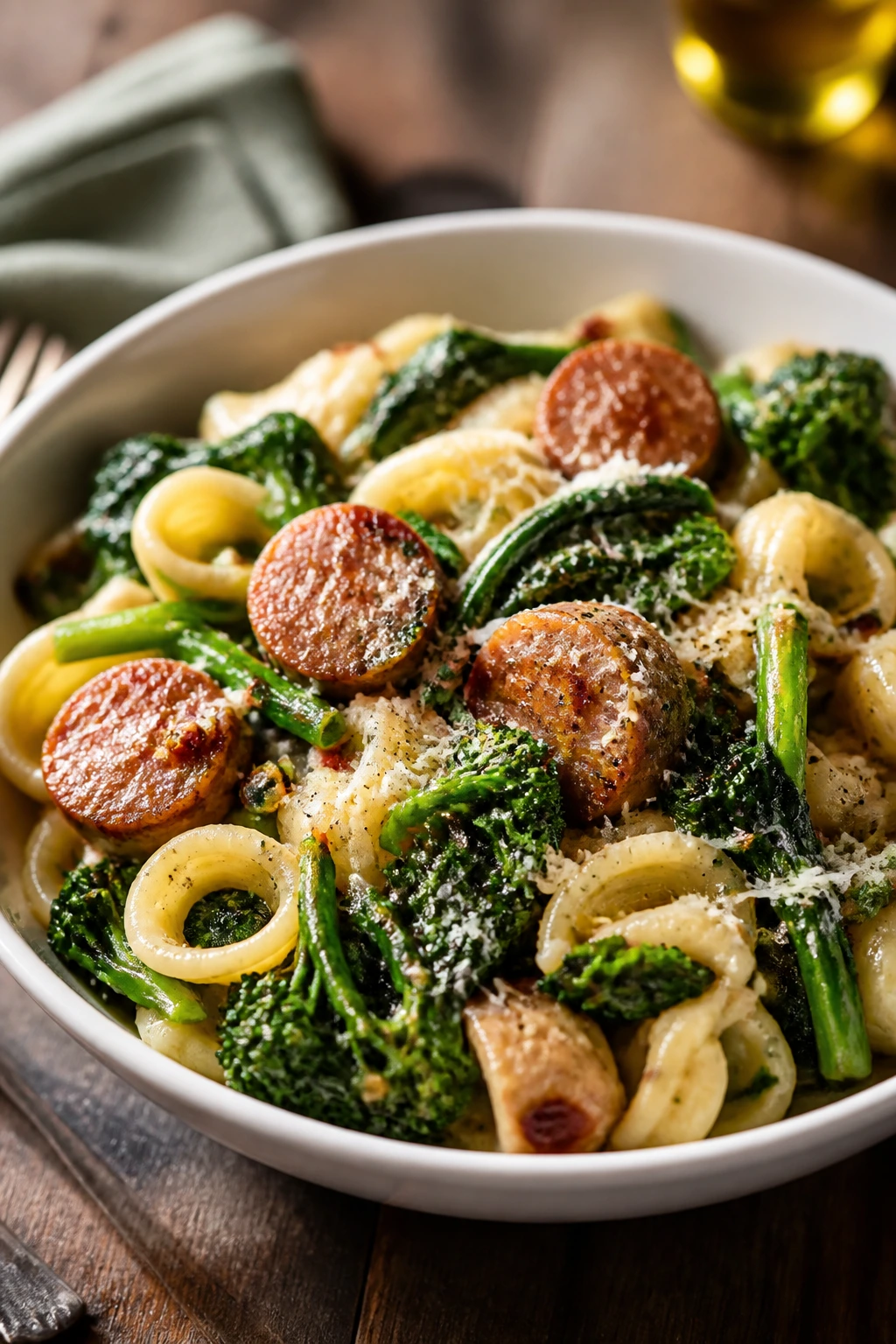 Pasta with sausage and broccoli rabe in a glossy bowl