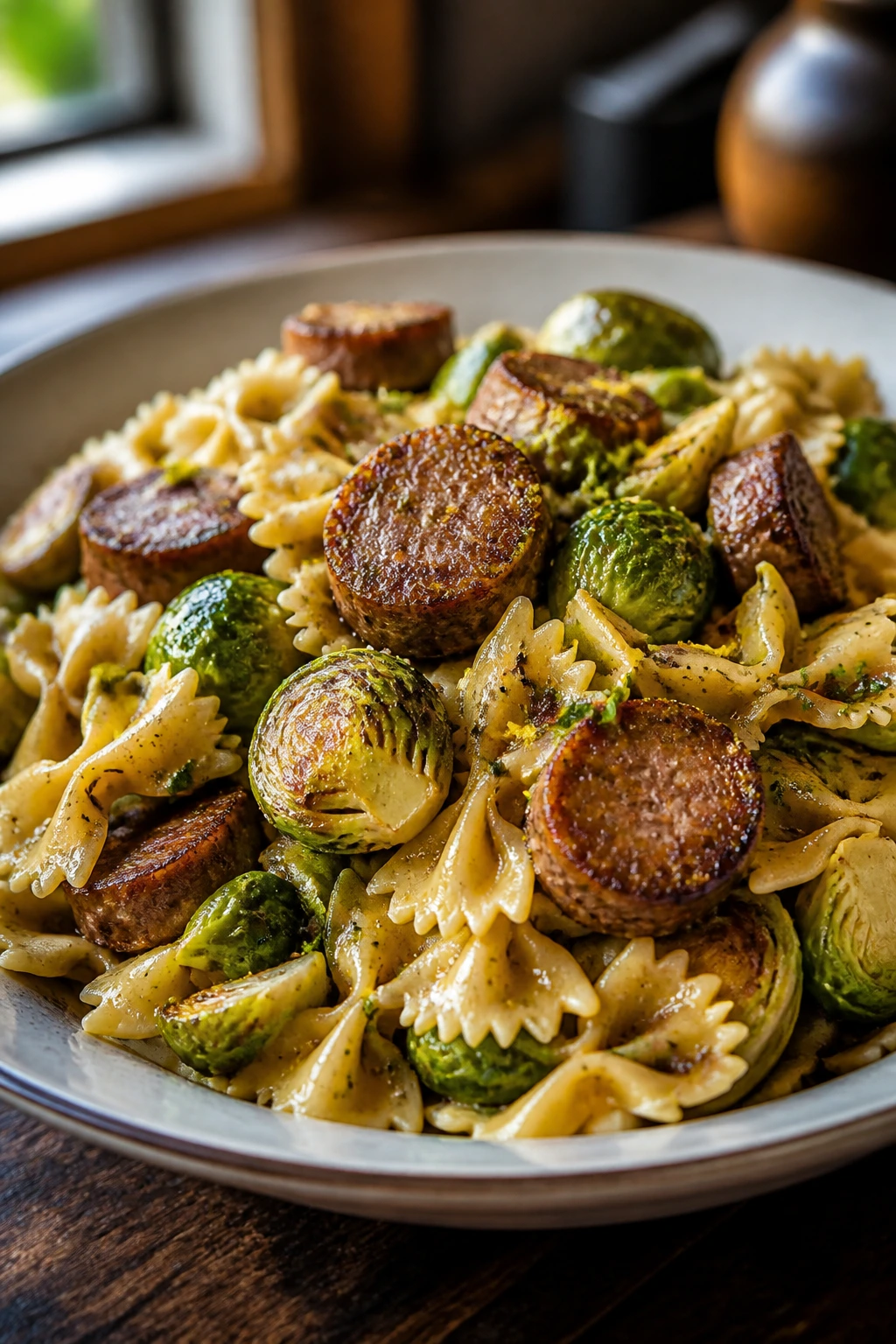 Close-up of pasta with sausage and Brussels sprouts on a plate