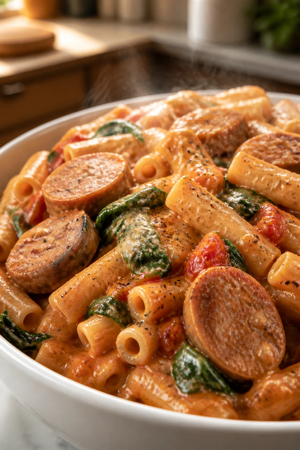 Close-up of creamy tomato sausage pasta in a bowl