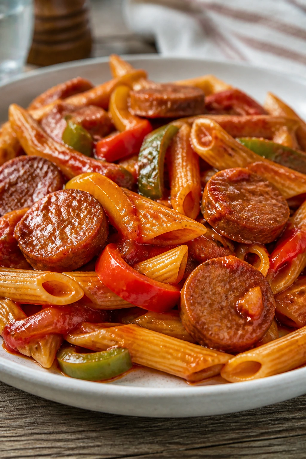 Close-up of sausage and pepper pasta on a plate