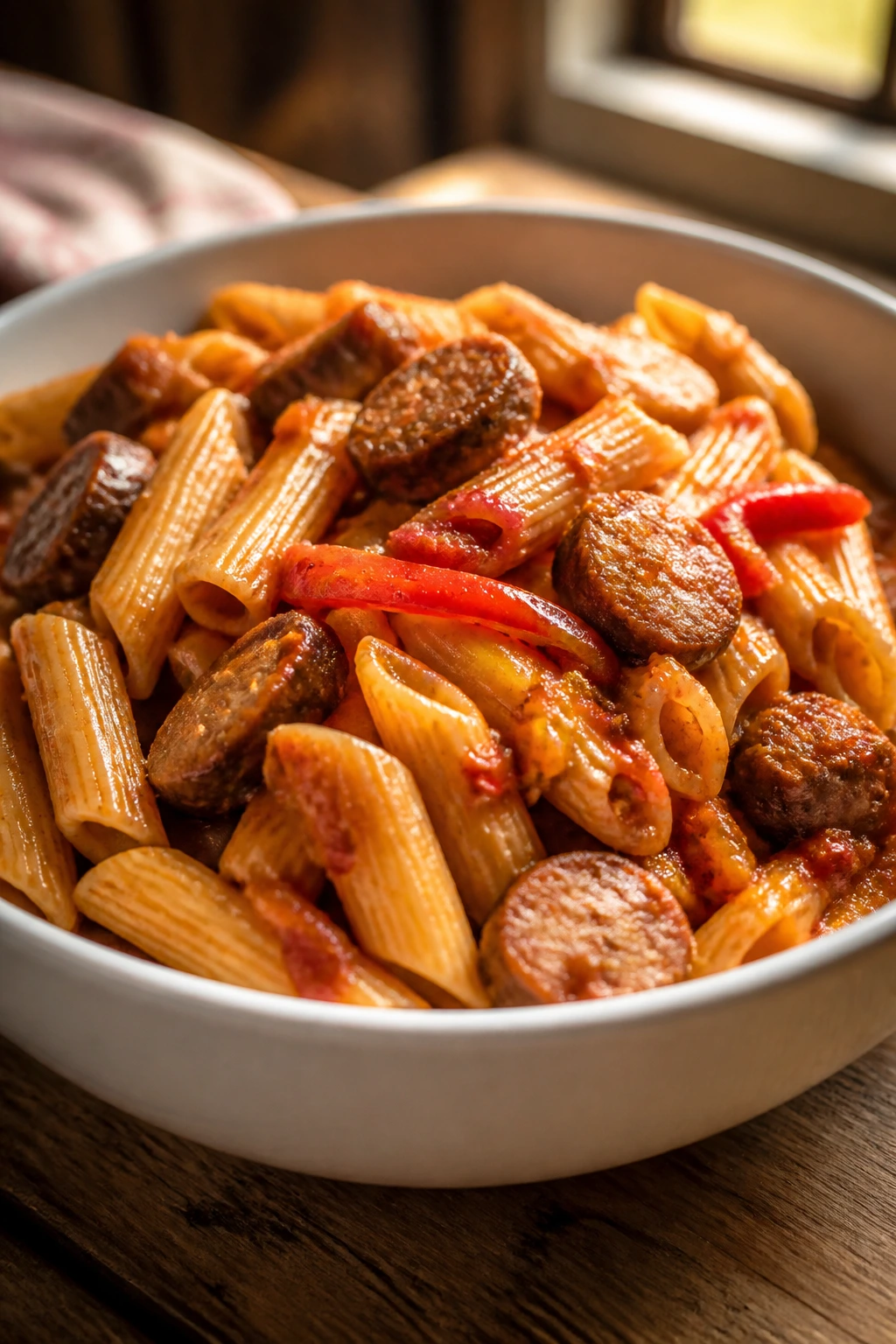 Close-up of sausage and pepper pasta in a bowl with tomato sauce