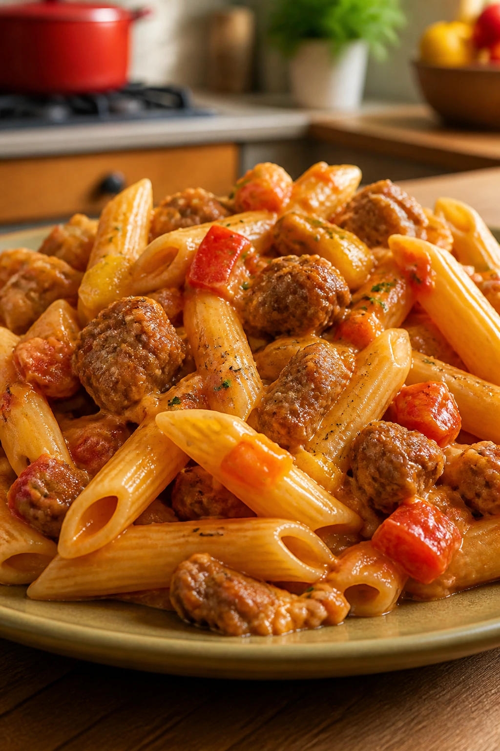 Close-up of sausage and peppers pasta with creamy sauce on a warm plate