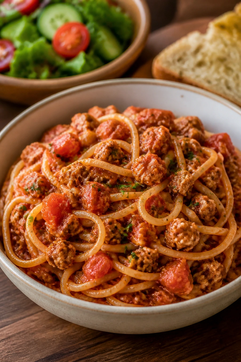 Close-up of a bowl of turkey spaghetti with side salad on a wooden table