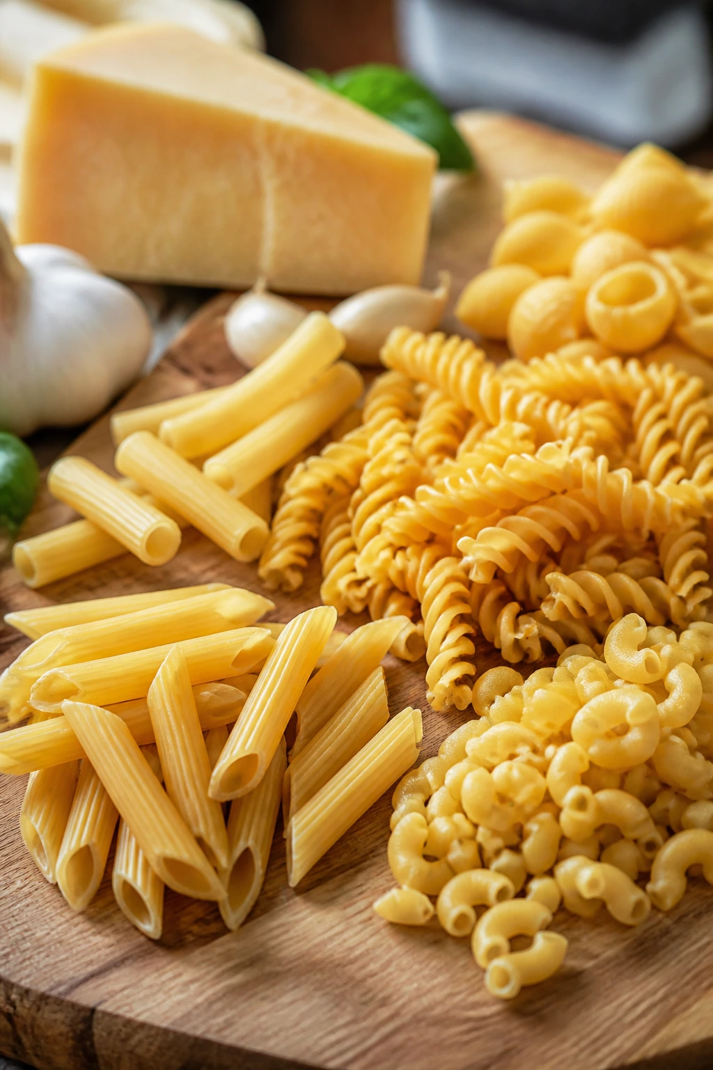 Close-up of assorted dry pasta shapes on a wooden board