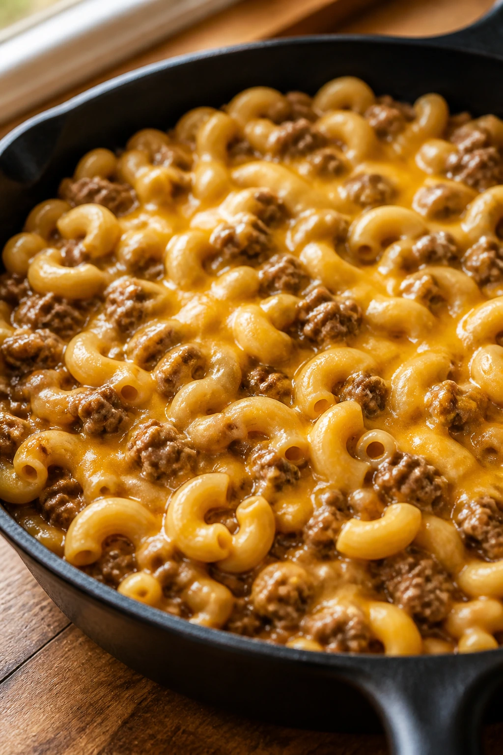 Close-up of Cheeseburger Pasta Skillet with creamy beef sauce and cheddar