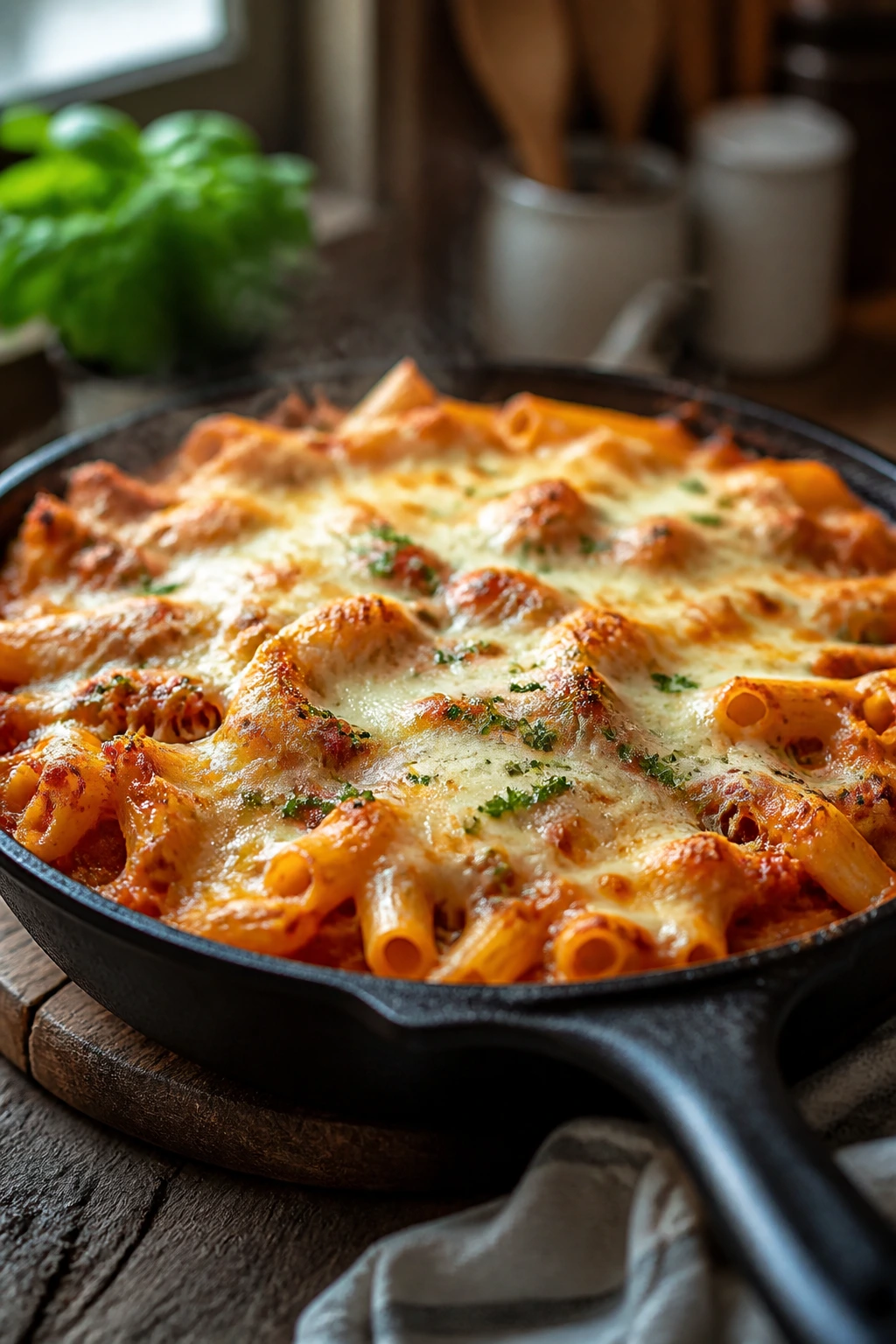 Bubbling baked pasta skillet with melted cheese top