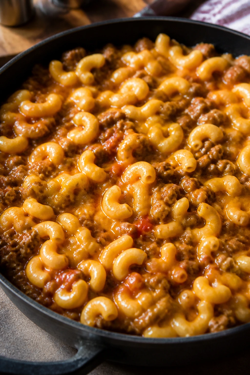 Close-up of cheeseburger pasta skillet with melted cheddar