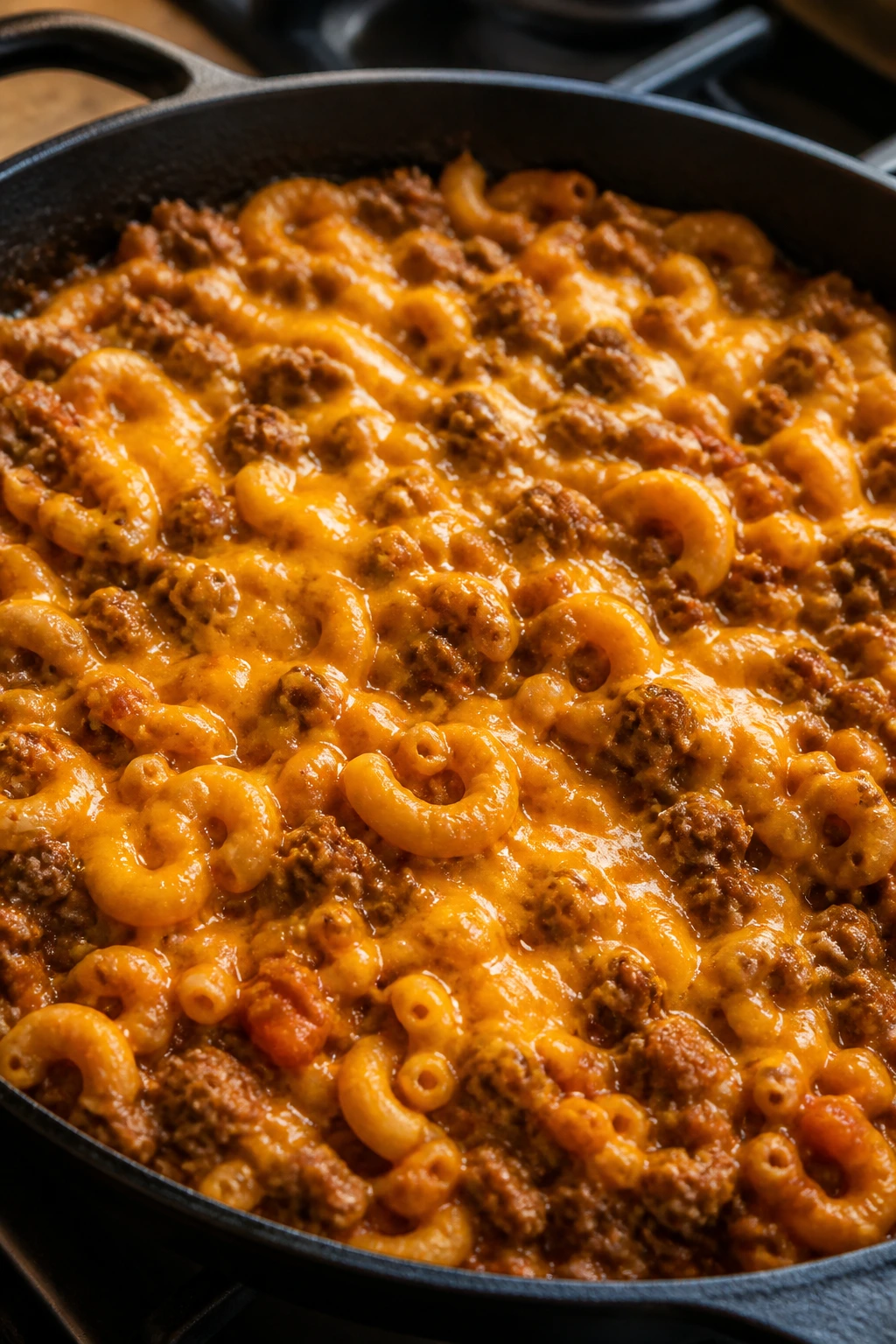 Close-up of Cheeseburger Pasta Skillet with beef, pasta, and cheese