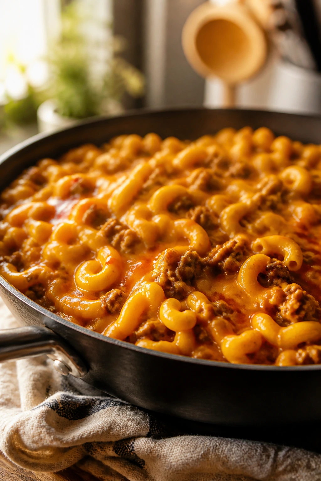 Close-up of a bubbling cheeseburger pasta skillet in a cozy kitchen