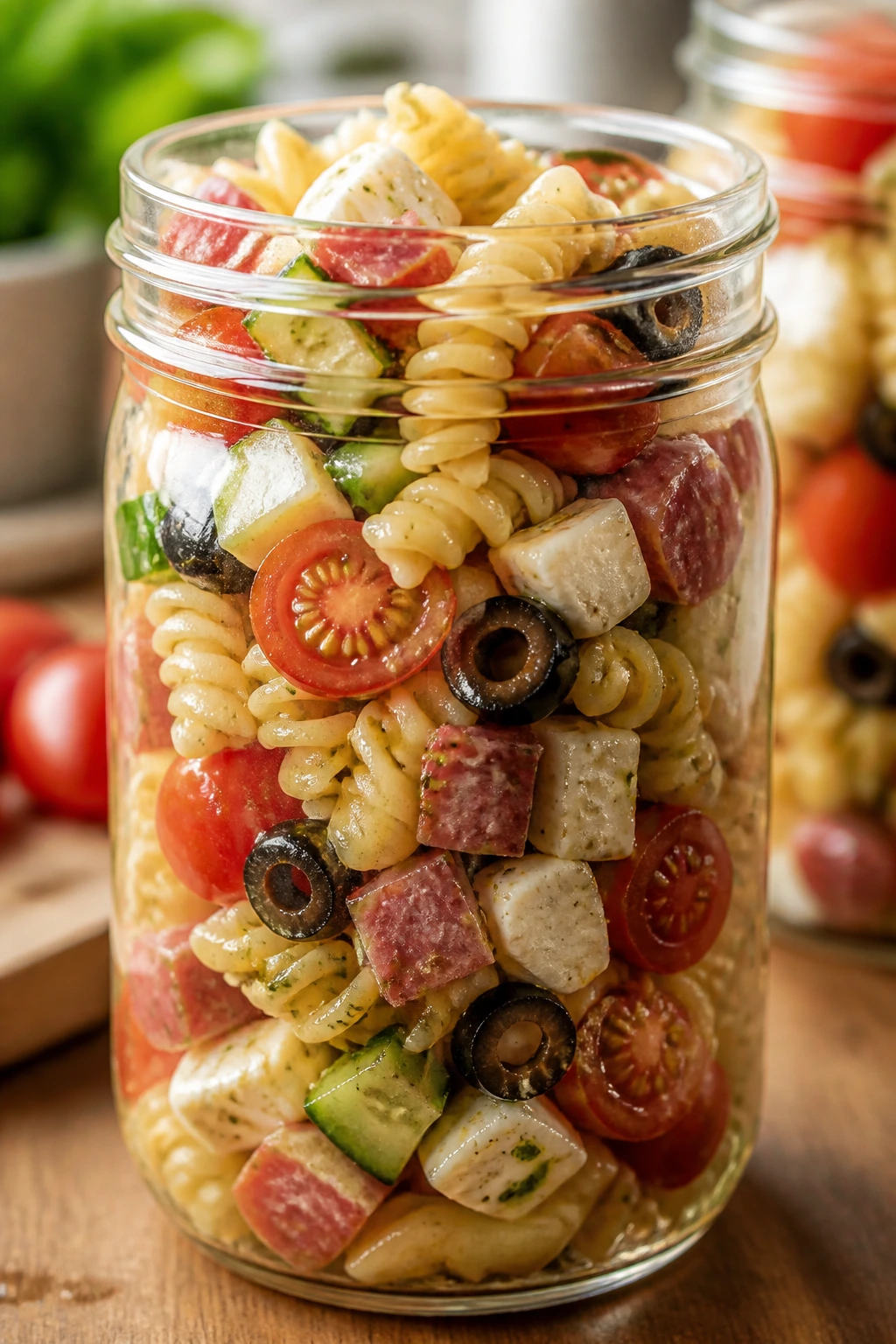 Close-up of a jar filled with colorful pasta and vegetables for kids' snack