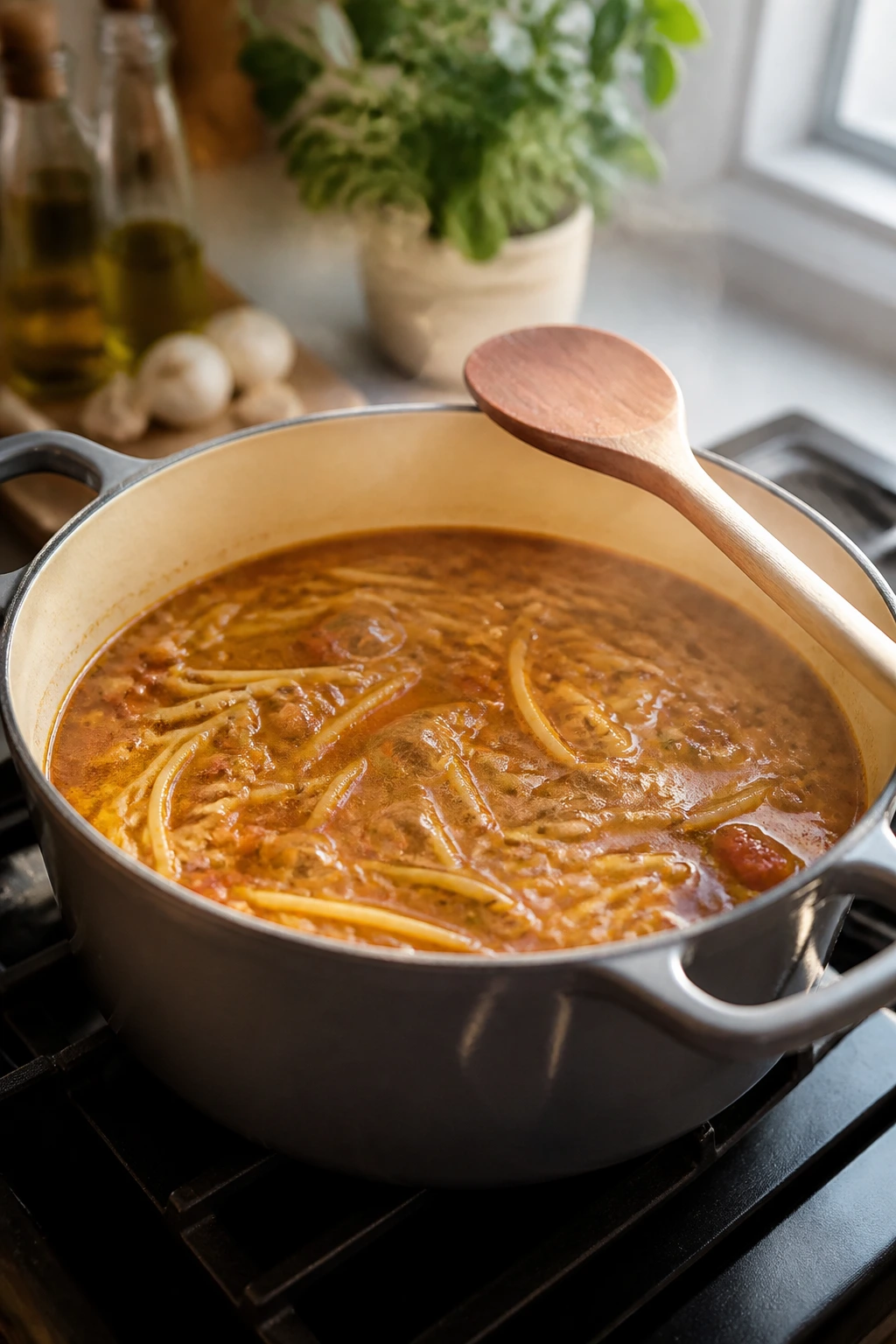 Pot bubbling with pasta and steam rising for pro tips