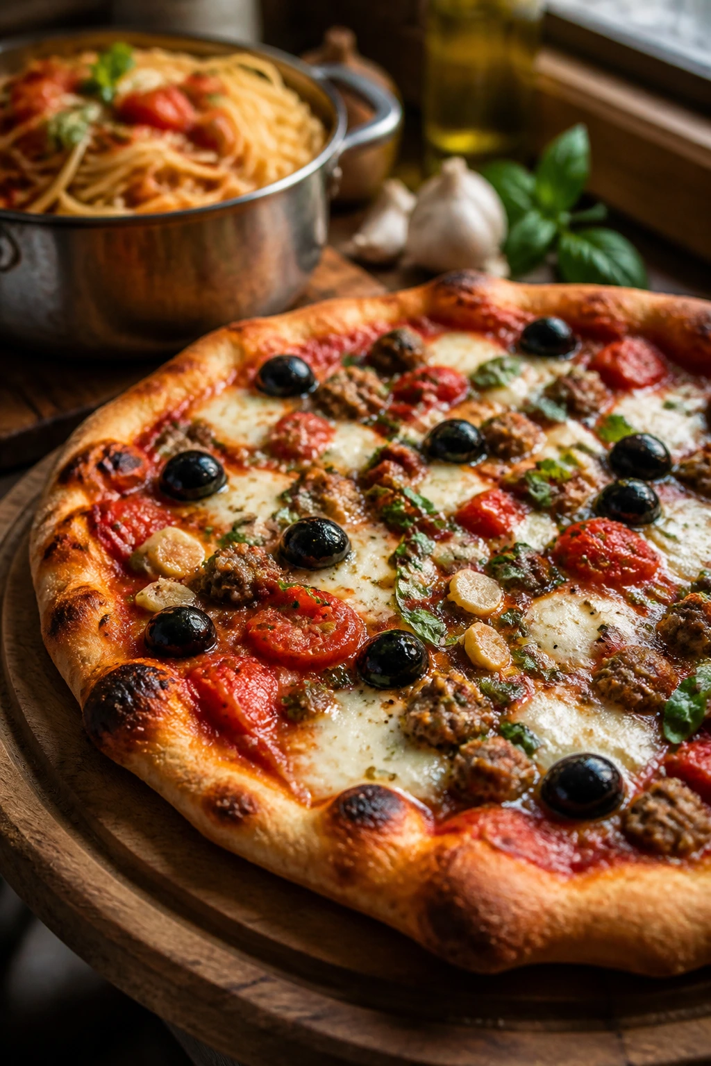 Blistered pizza with pasta in background suggesting pasta-to-pizza night.