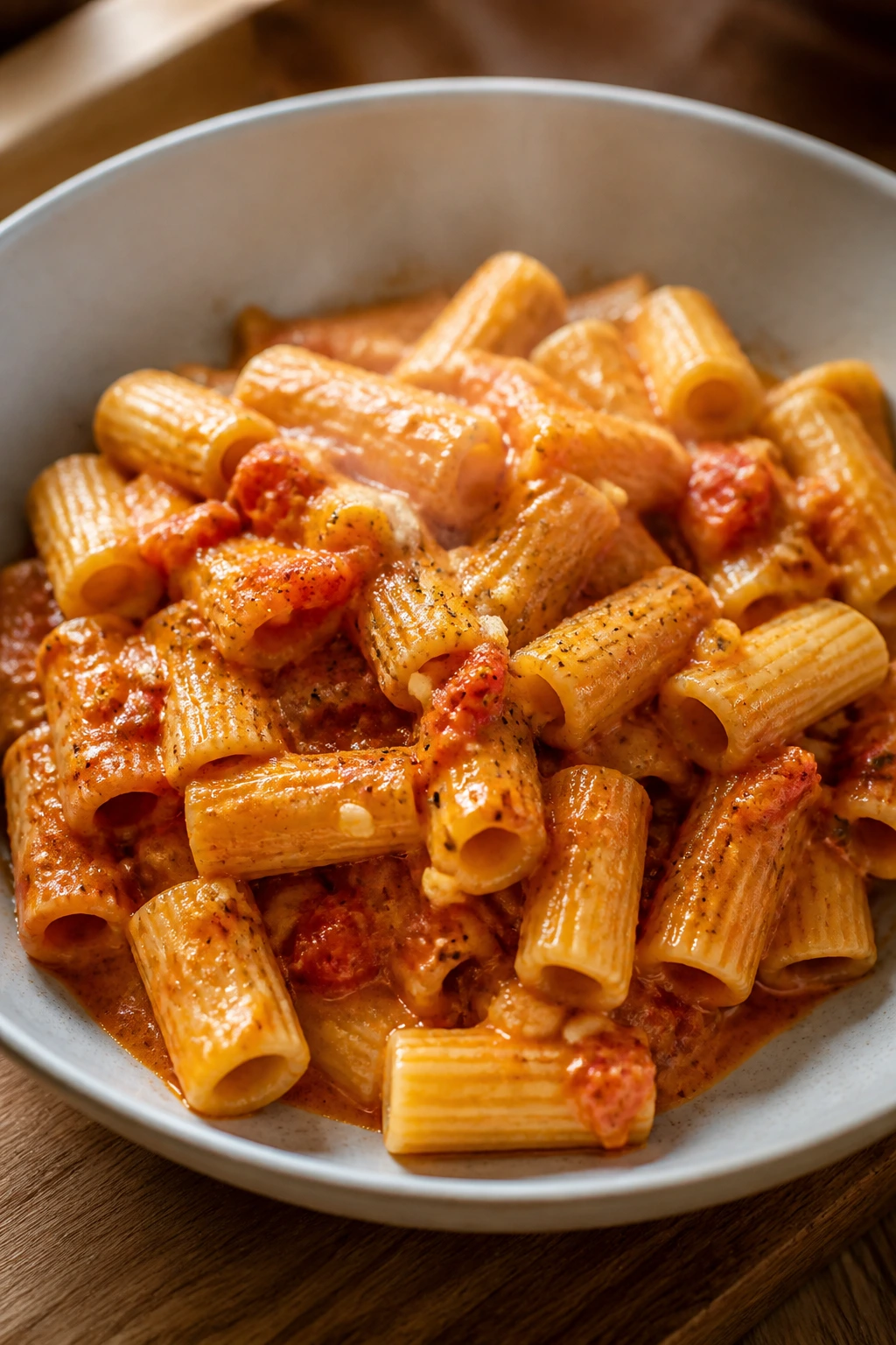 Pasta in tomato-butter garlic sauce on a plate