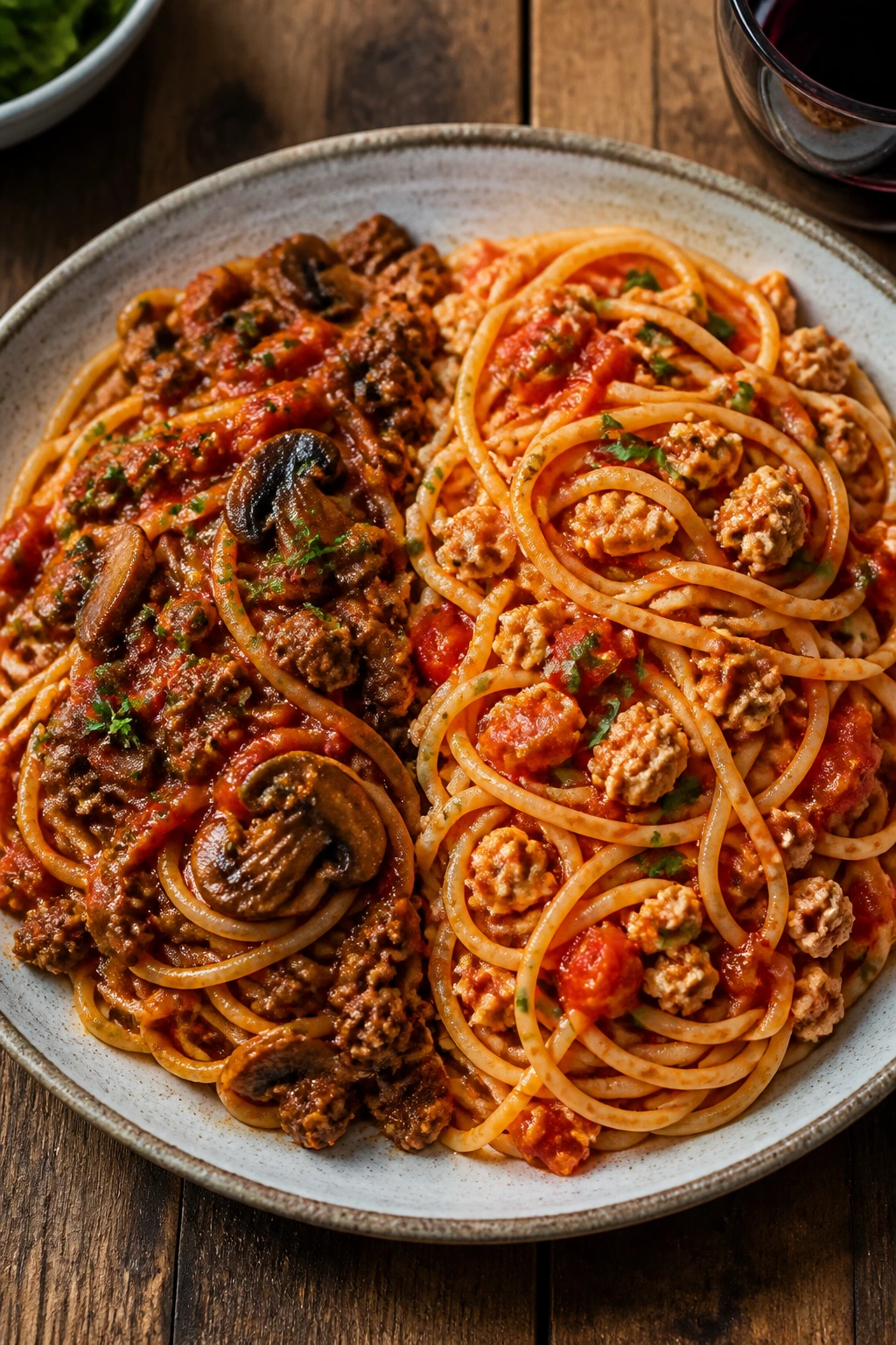 Plate showing variations of pasta: beef and mushroom version on one side, turkey version on the other