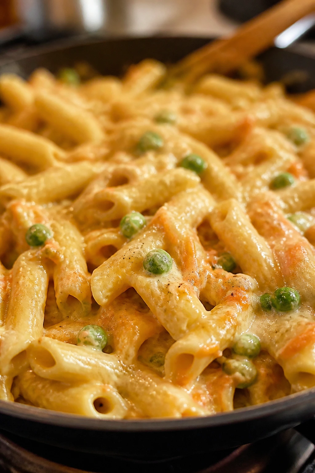 Pasta with hidden grated carrots and peas mixed into sauce