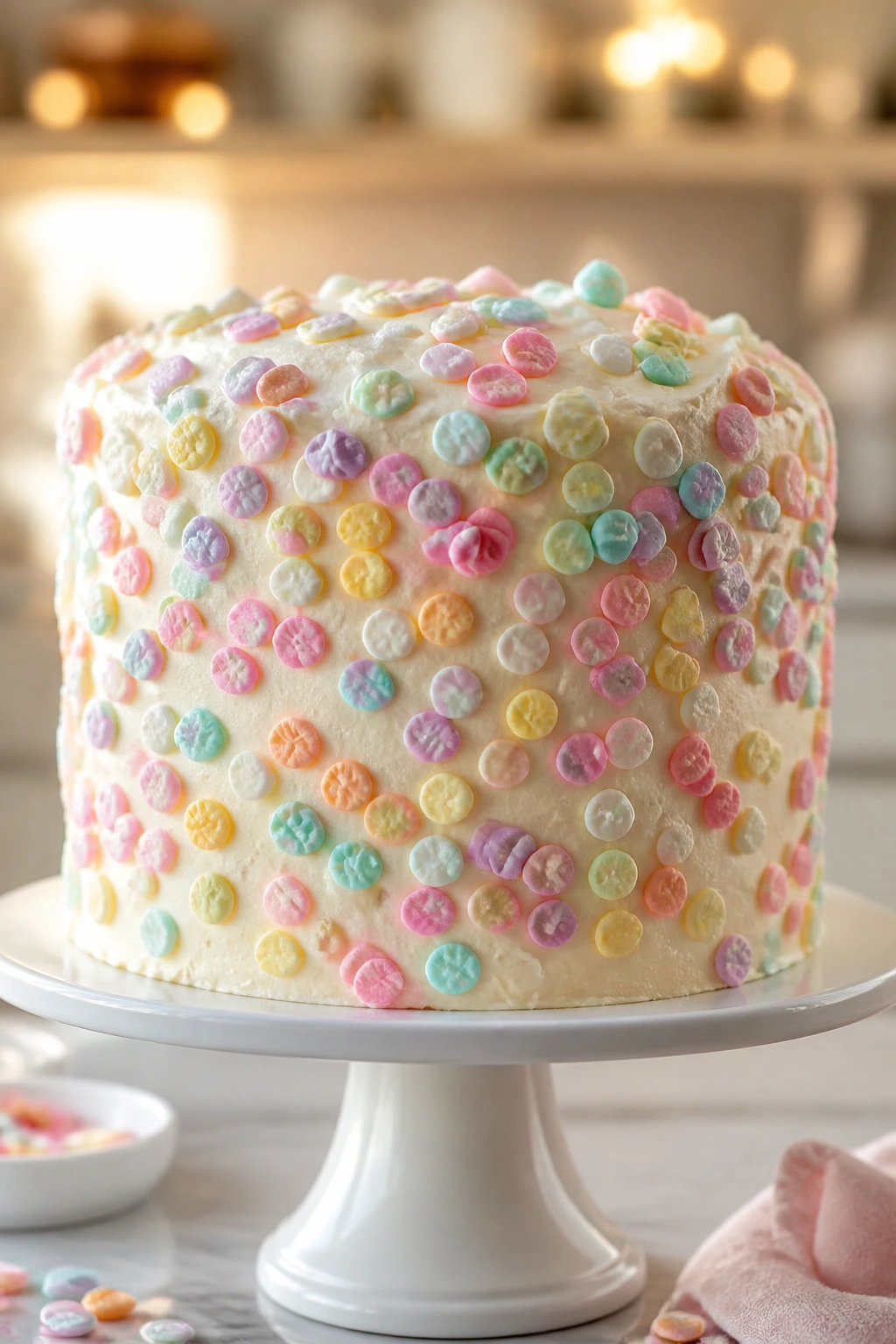Close-up pastel candy cake with confetti decorations