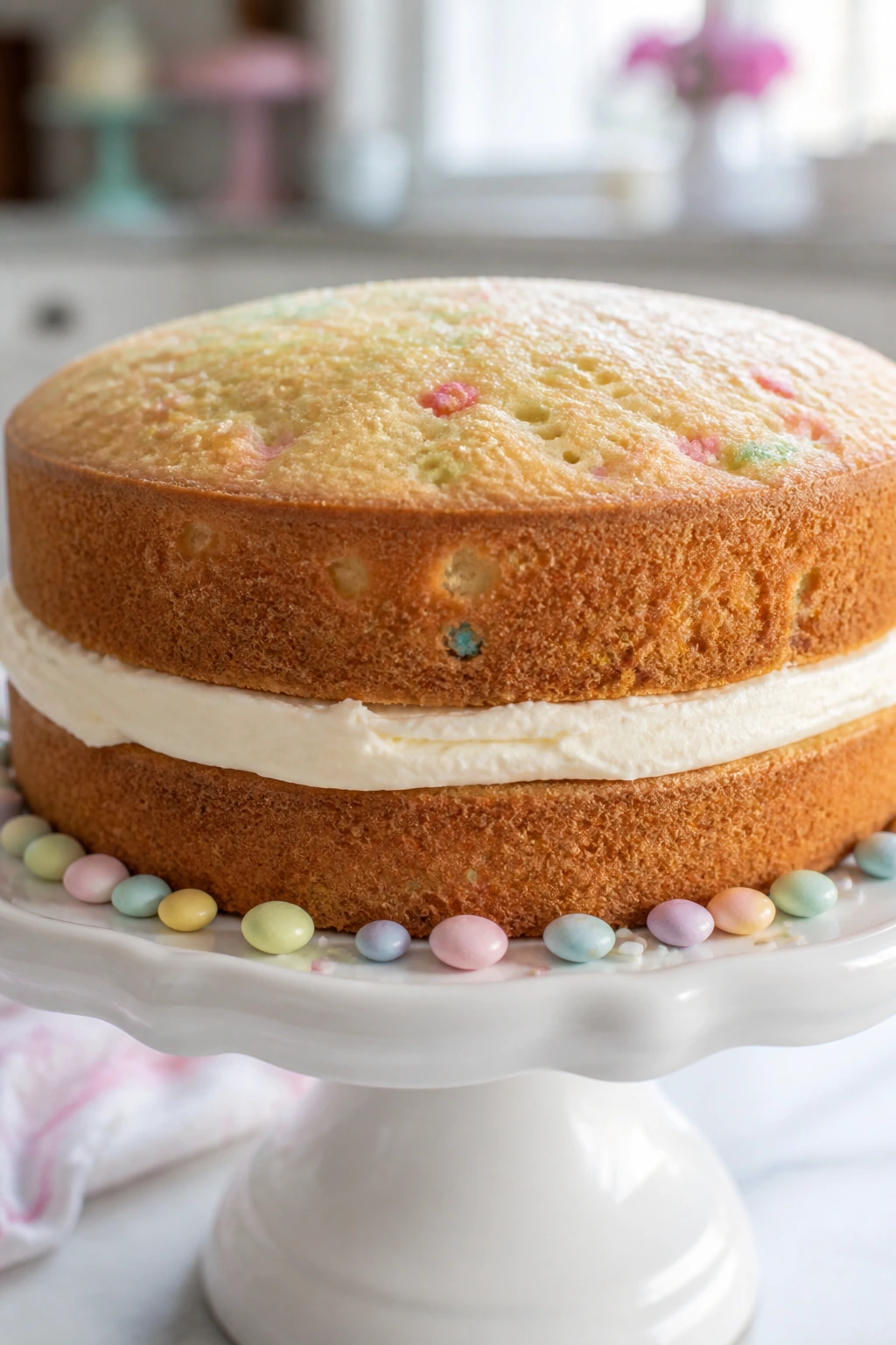 Two-layer pastel cake on a stand with a frosting seam visible.