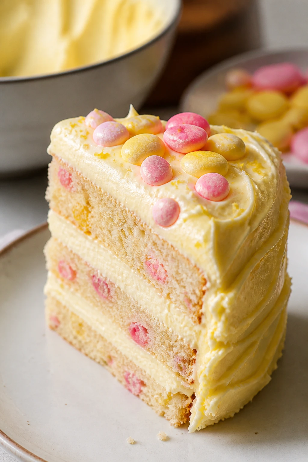 Pastel candy cake slice showing lemon edge and pink candy accents