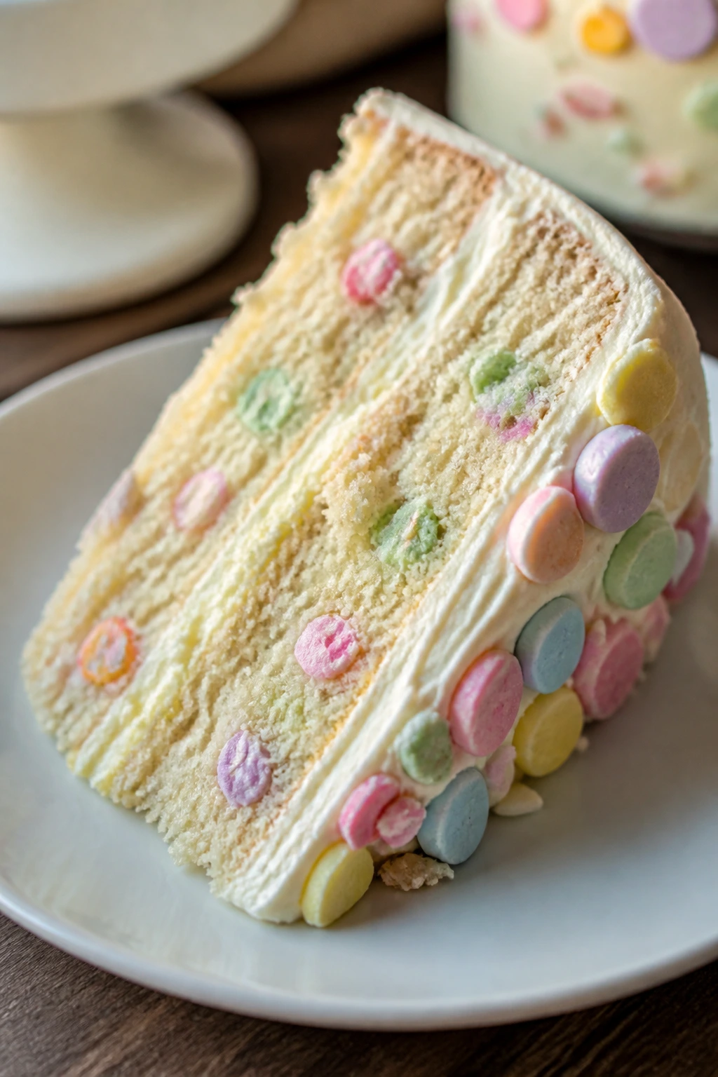 Close-up of pastel candy cake slice with cream cheese frosting on plate