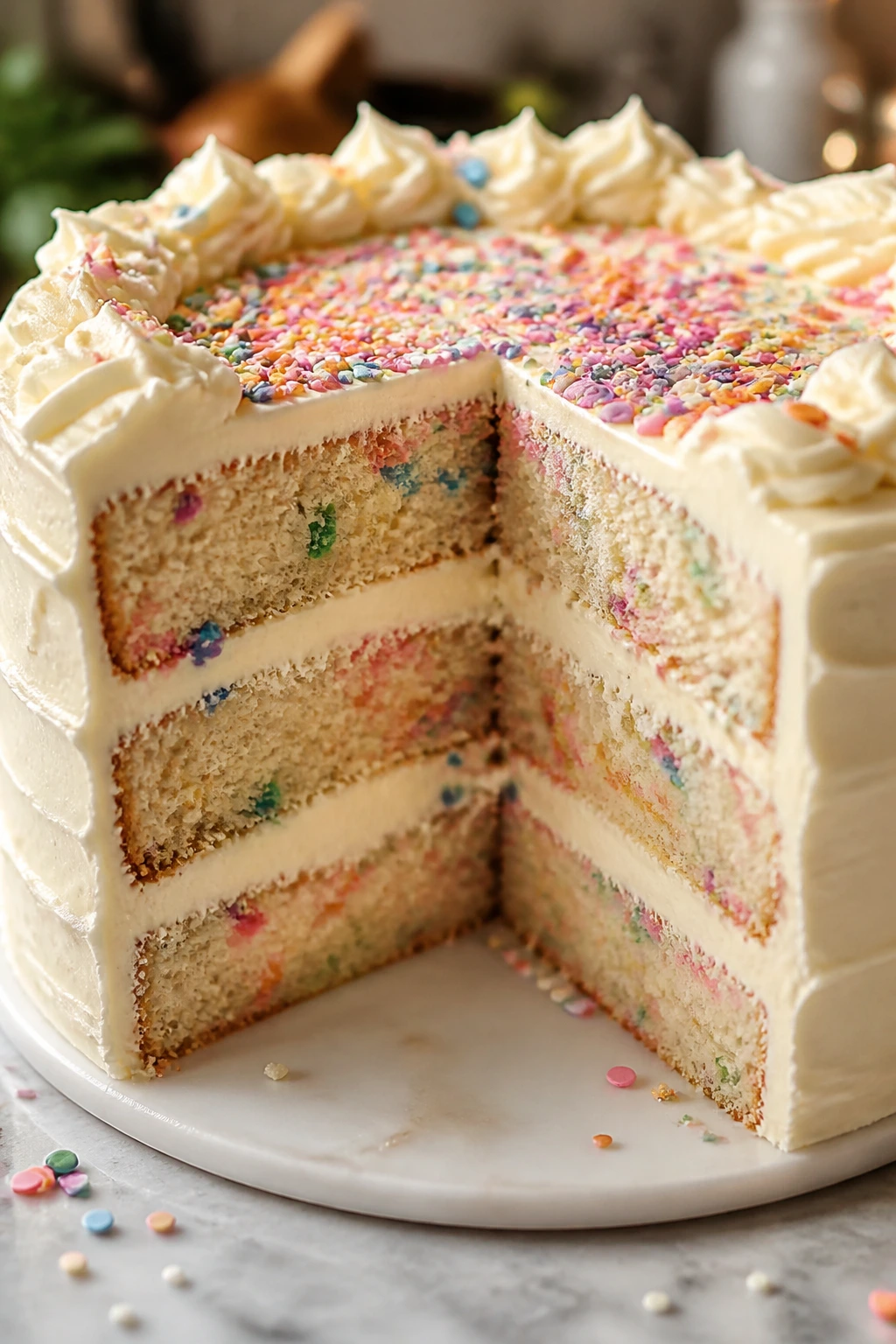 Pastel confetti cake with mascarpone frosting close-up
