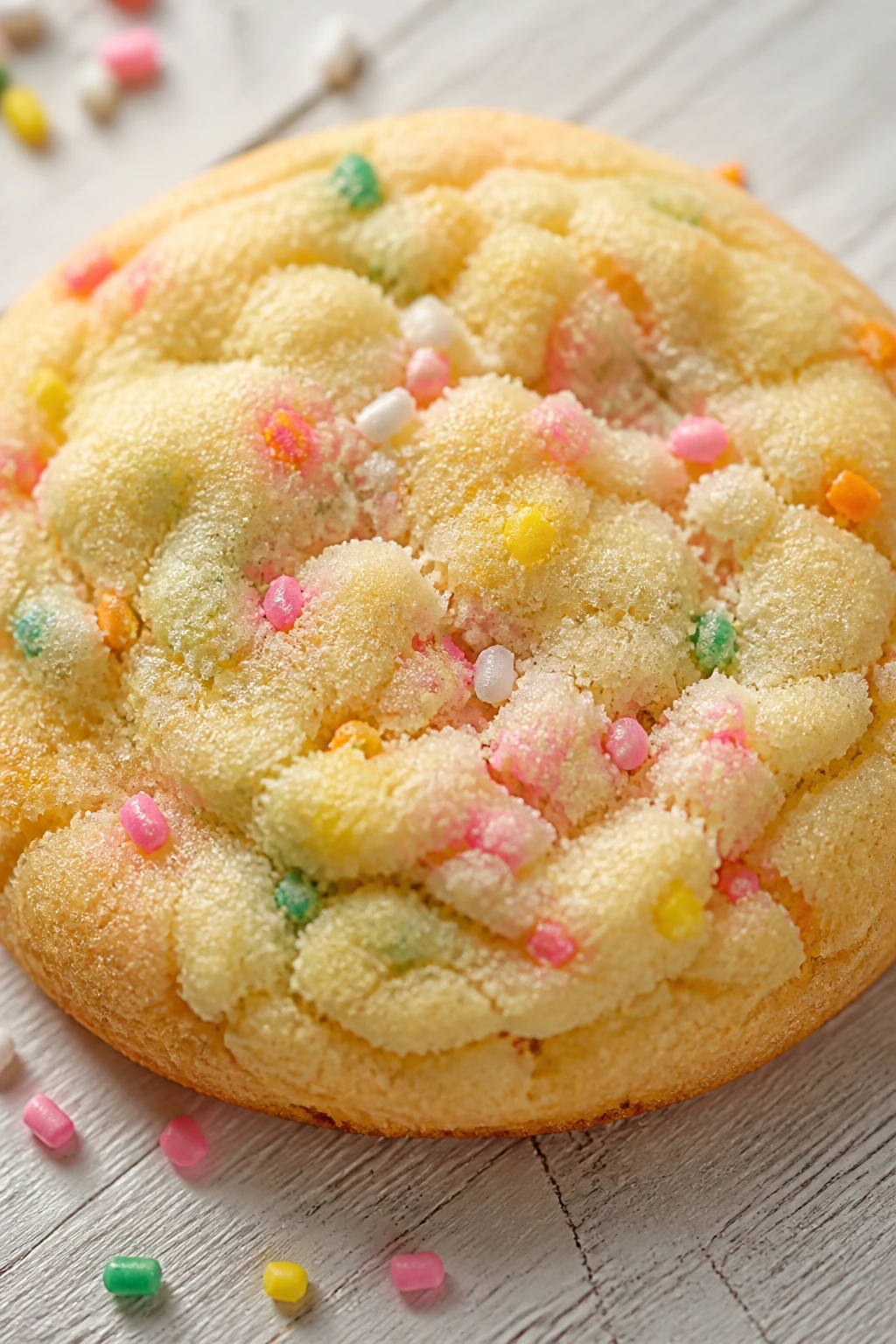Close-up of pastel vanilla confetti cake cookie
