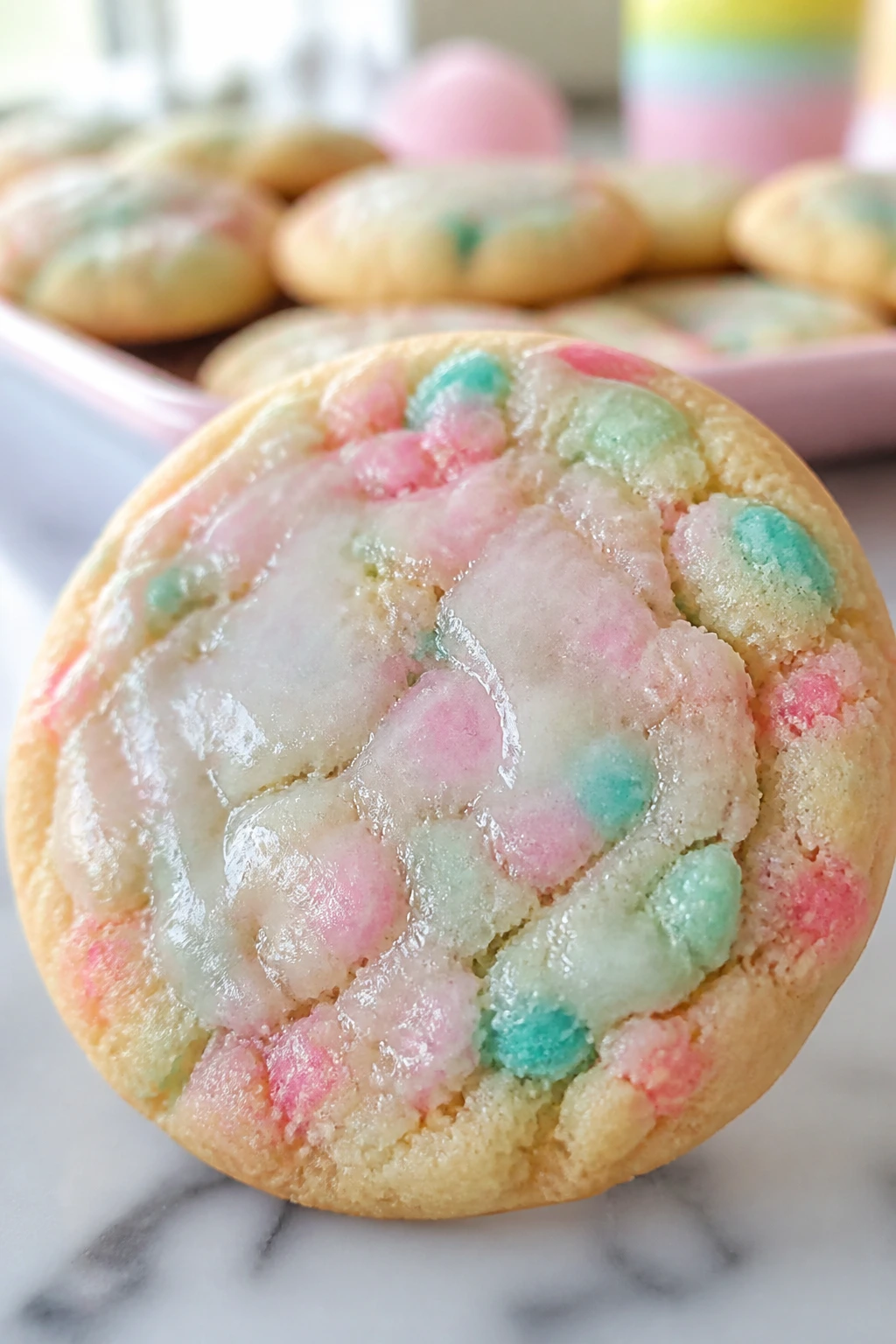 Close-up of a pastel cotton candy cookie with glaze in a bright kitchen