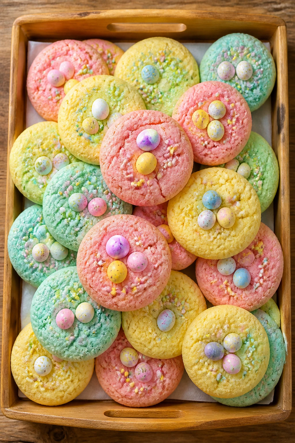 Top-down view of a colorful tray of pastel Easter cake cookies on a wooden surface