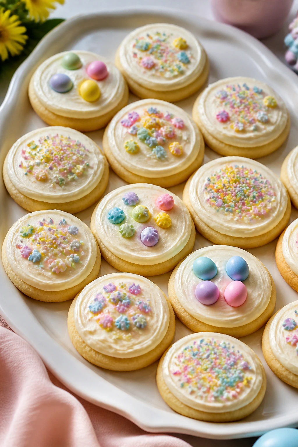 Bright pastel Easter cookies arranged on a dessert tray
