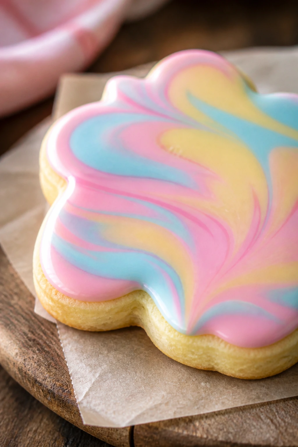 Close-up of a pastel swirl iced cut-out cookie with pink, blue, and yellow glaze