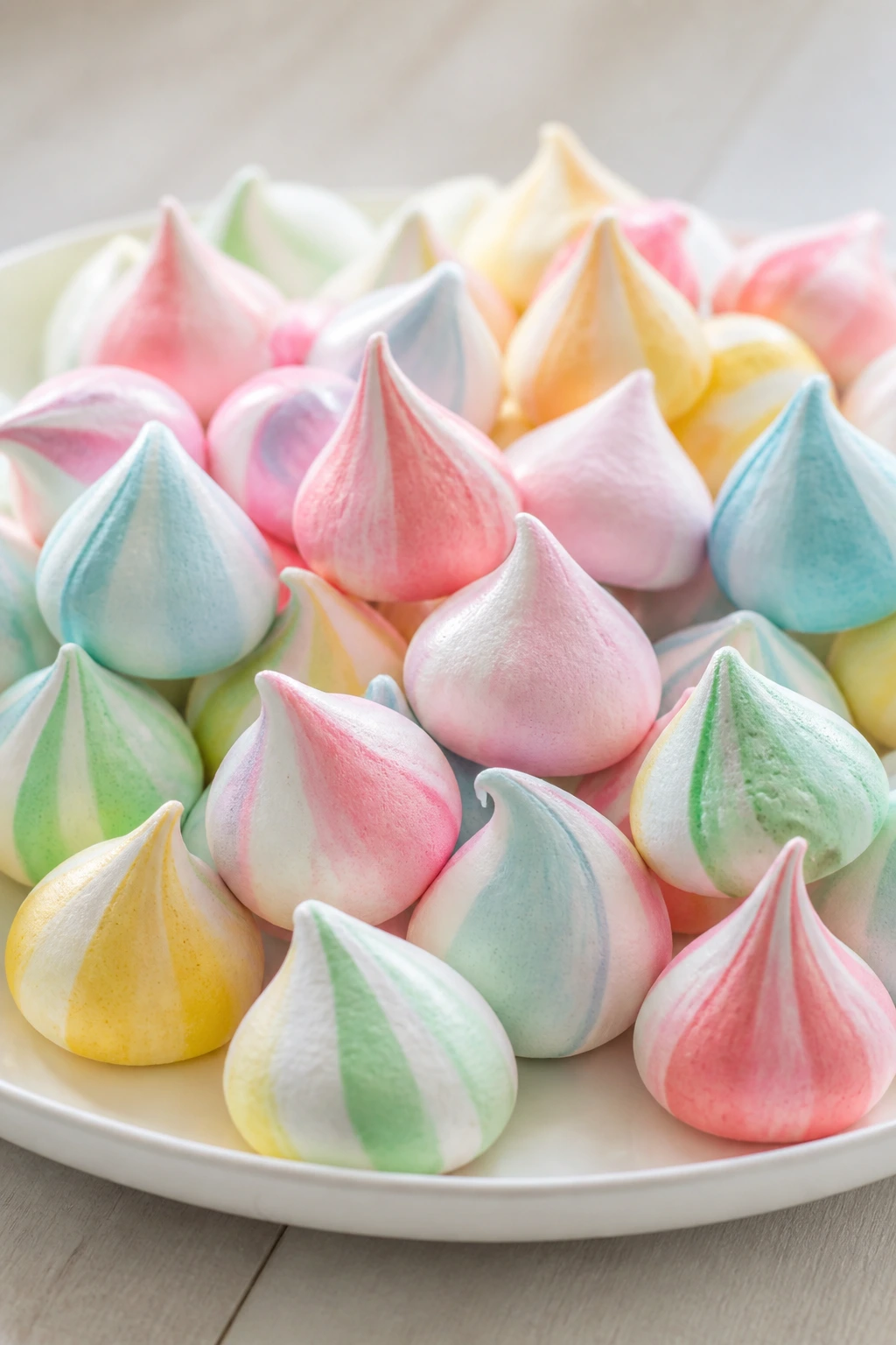 Cluster of pastel meringue kisses on a white plate in daylight
