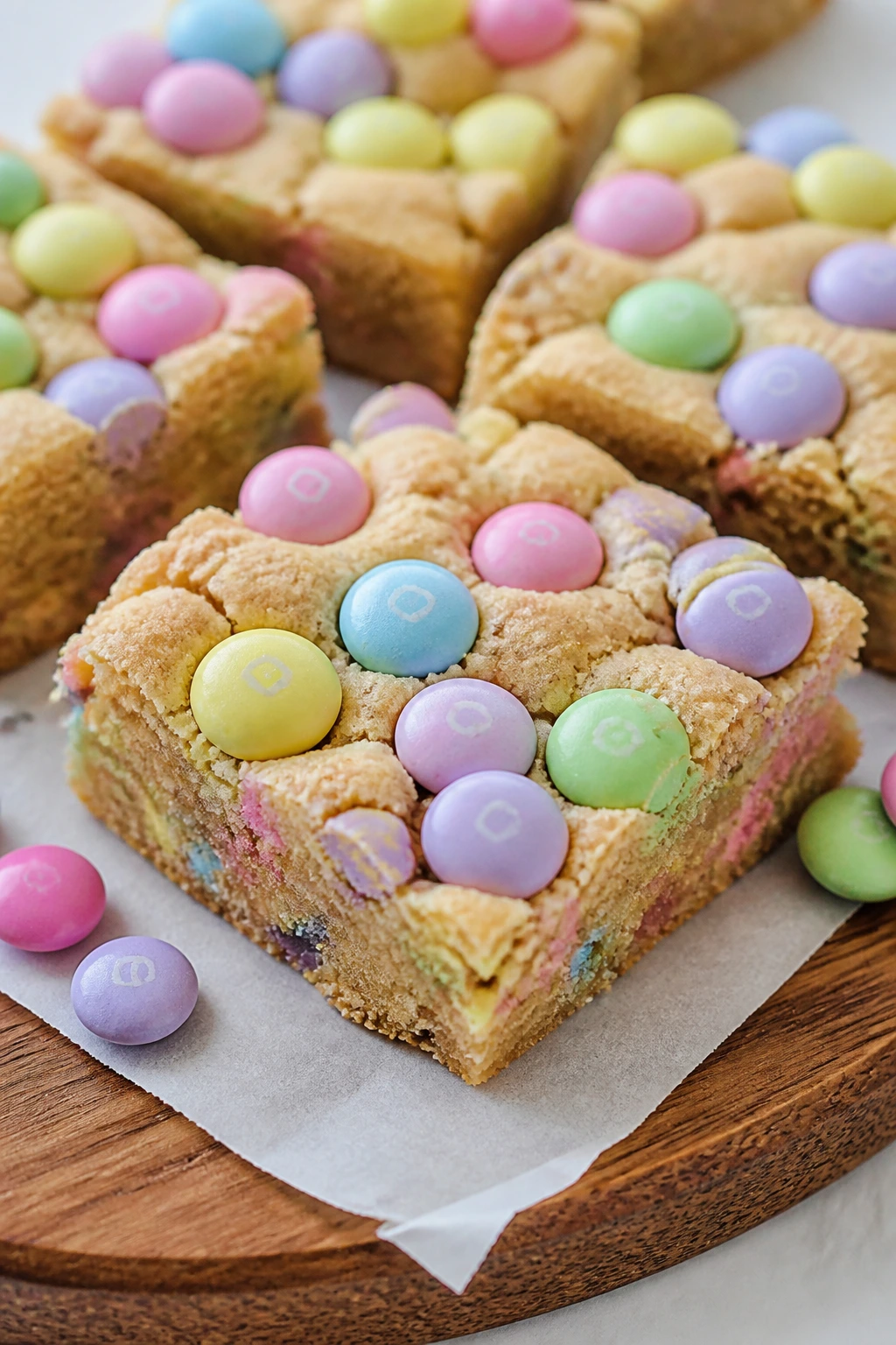Pastel M&M cookie bar with colorful candy on top