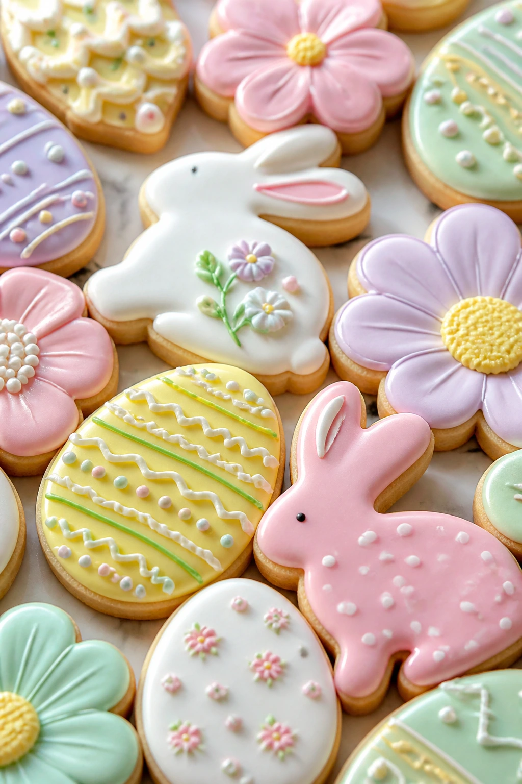 Pastel-iced cookie cutouts in bunny, egg, and flower shapes.