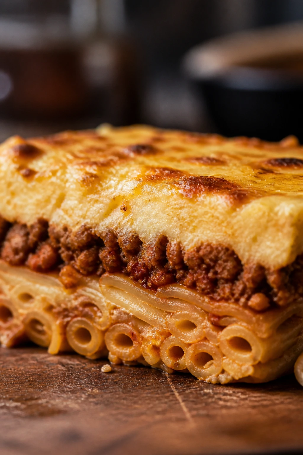 Pristine pastitsio slice with clean edges and visible layers