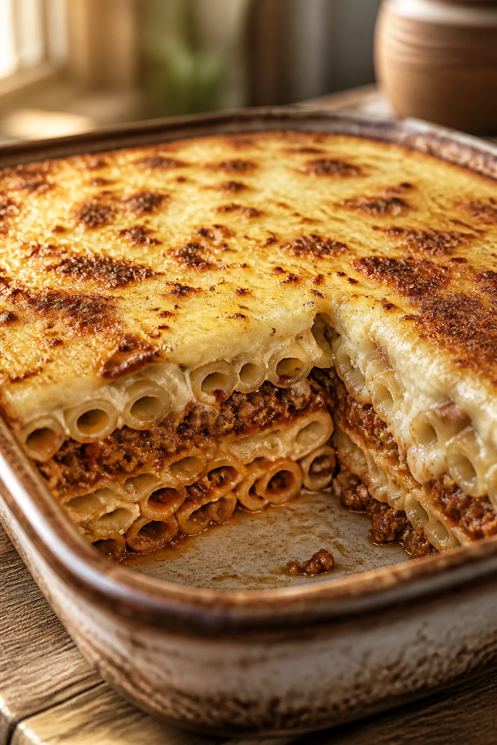 Cross-section of pastitsio showing tubular pasta layers in a baking dish