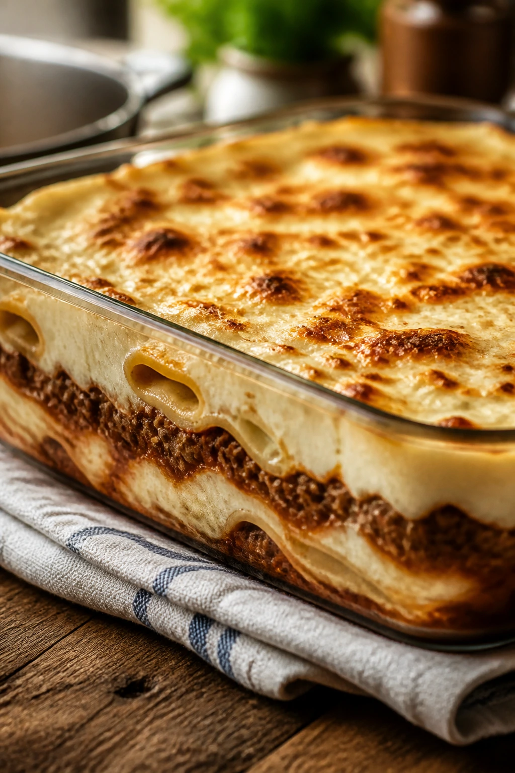 Close-up of layered pastitsio in a baking dish showing meat sauce, pasta, and béchamel